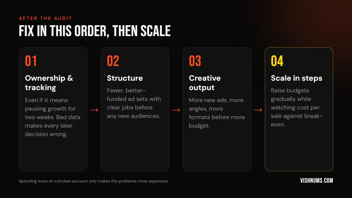 Four steps after a Meta Ads audit: fix ownership and tracking, simplify structure, increase creative output, then scale budgets in steps