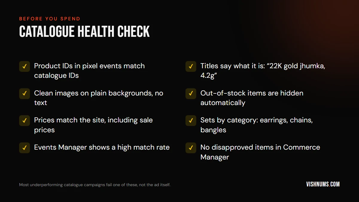 Checklist for Meta catalogue health: product IDs match, descriptive titles, clean images, out-of-stock items hidden, prices match, product sets by category, high match rate, no disapproved items