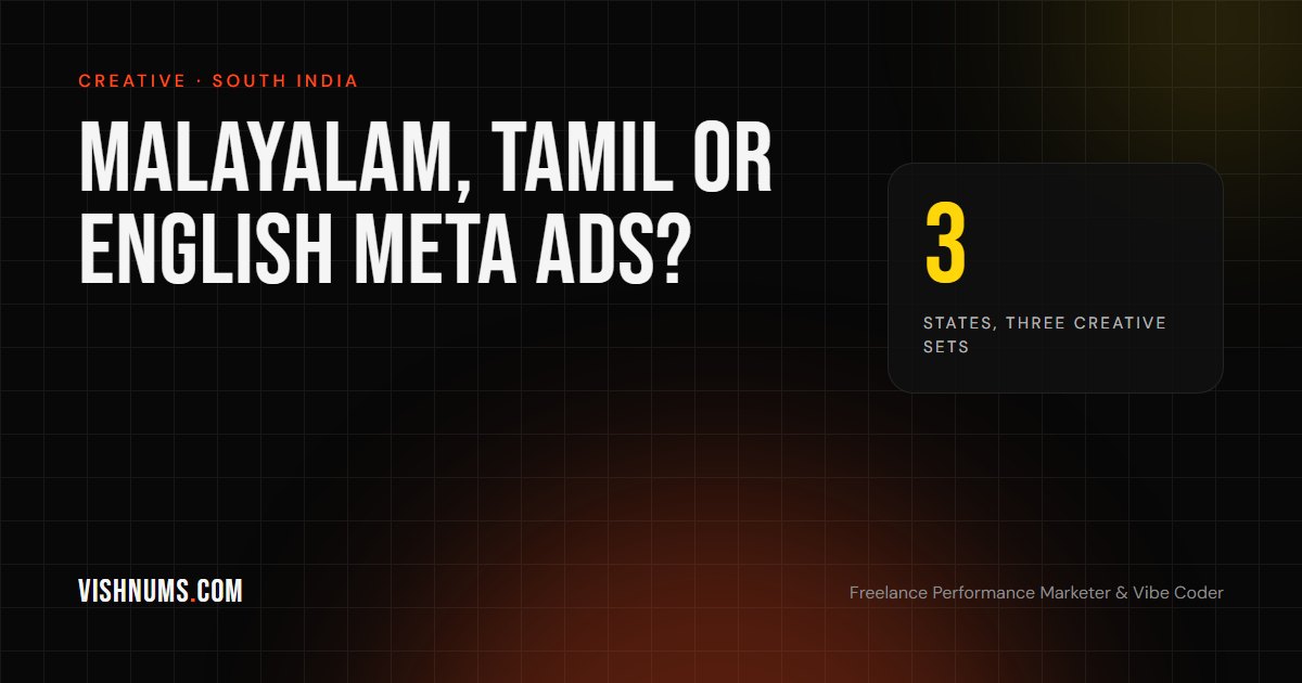 Malayalam, Tamil or English Meta ads guide cover, about state-wise campaigns across Kerala, Tamil Nadu and Karnataka