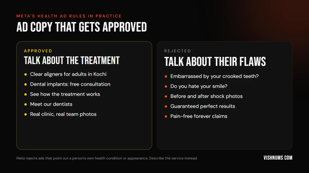Meta health ad rules for dental clinics: approved copy describes the treatment, like clear aligners or implant consultations; rejected copy points at the person's flaws, like embarrassed by your teeth, shock before-and-after photos or guaranteed results