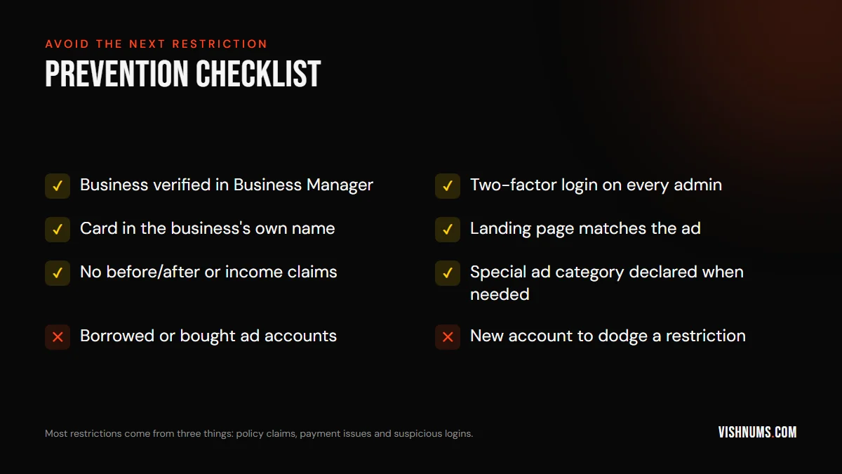 Checklist to avoid Meta ad account restrictions: business verification, two-factor login, card in the business's name, landing page matching the ad, no before-after or income claims, special ad categories declared; avoid borrowed accounts and new accounts to dodge restrictions